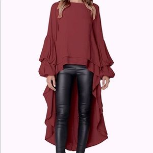 Lantern Long Sleeve Round Neck High Low Asymmetrical Irregular Hem Casual top